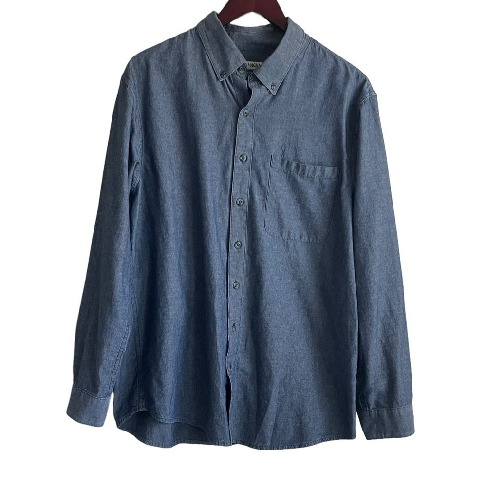 Magellan Outdoors Mens Button Shirt L Blue Chambray Fishing Coastal Dadcore